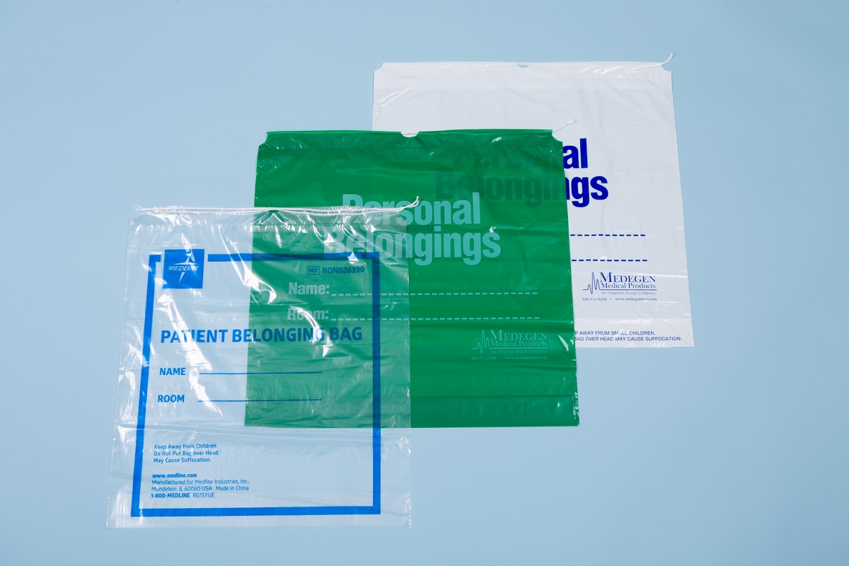 Drawstring patient belongings bags