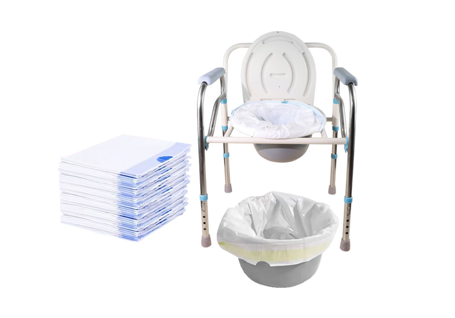 Commode bag with absorbent pads